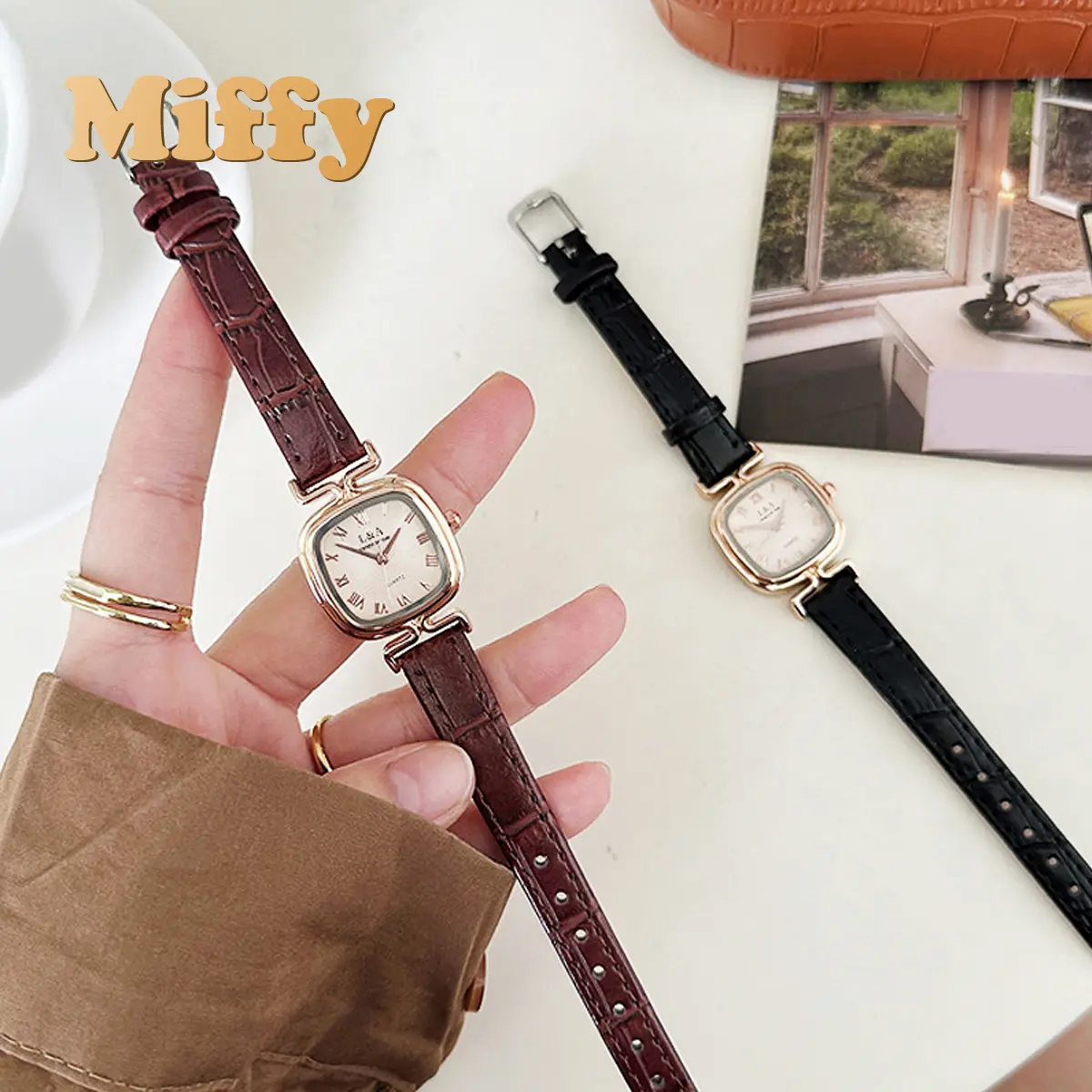 Miffy - Jam Tangan Analog Dial Kotak Gaya Retro Analog Watch Strap Pu Croco Fashion