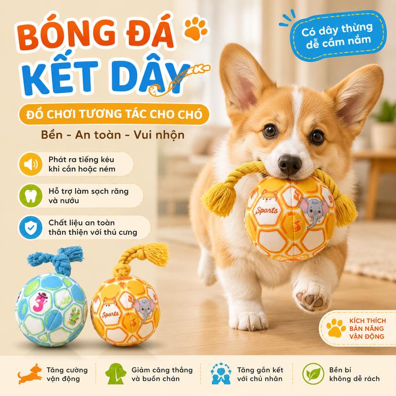 Bóng đồ chơi chó có chuông phát tiếng dễ nghe không ồn ào, dây thừng dài tương tác kéo kéo, giúp cún tự giải trí giảm nhàm chán ở nhà một mình