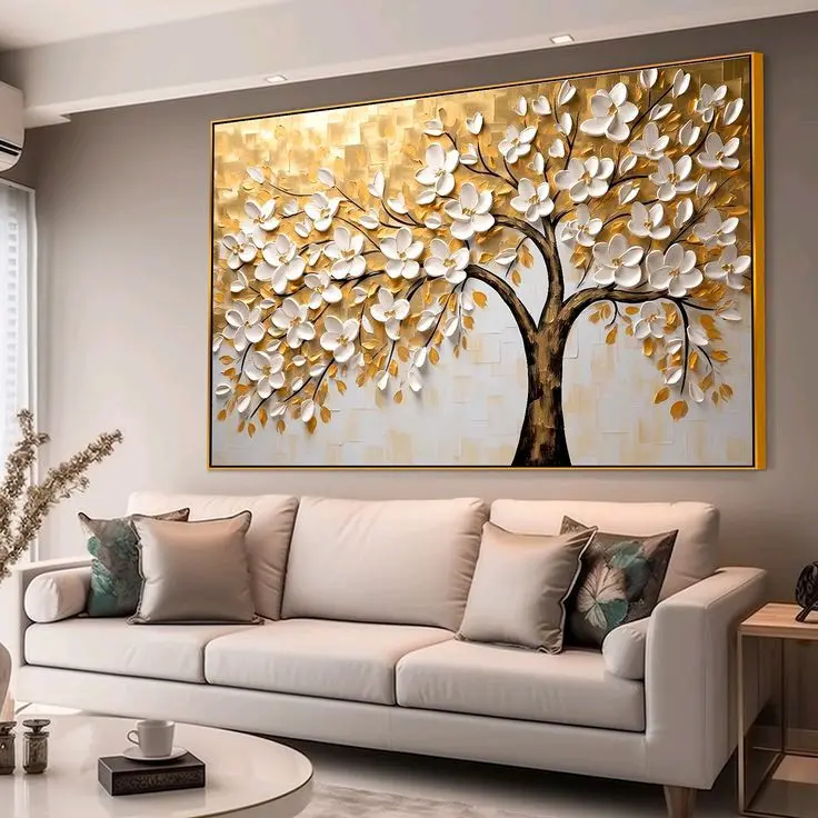 Lukisan timbul motif bunga putih daun gold mewah asthetic 0