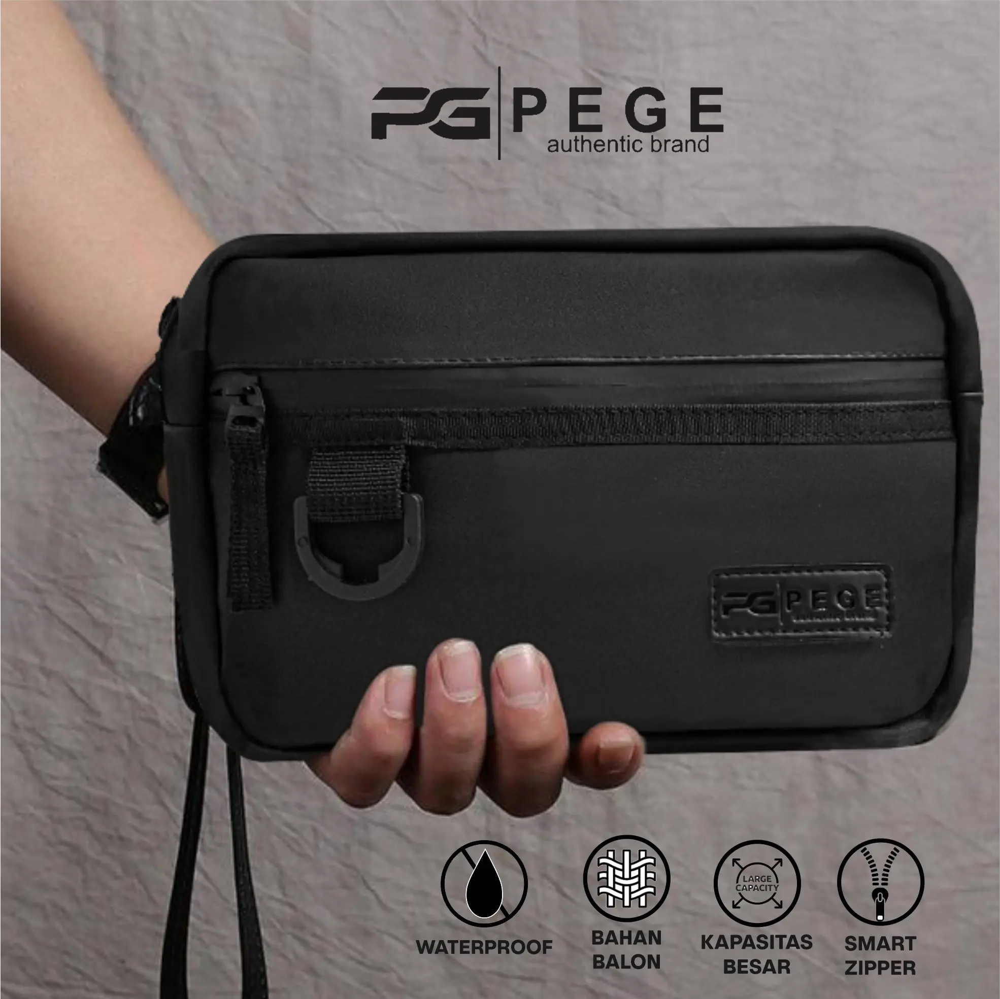 Tas Selempang Pria Hitam Polos PEGE Barnes Slingbag Waterproof AntiAir Model 3in1 Bisa Slempang Handbag Pouch - PG 9022