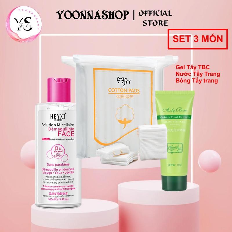 SET 3 MÓN Nước Tẩy Trang HEYXI 300ml + Bông Tẩy Trang Cotton Pads 222 Miếng + Gel Tẩy TBC 100g