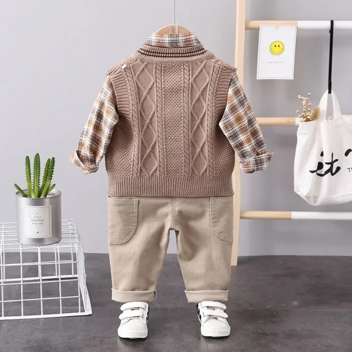P☎T5 Fashion Setelan 3In1 Motif Basic Brown/Baju Anak Laki Laki Import T♫7G