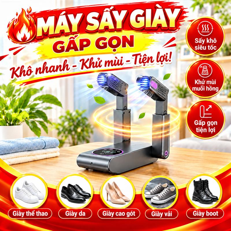 Máy Sấy Giày Thông Minh Gấp Gọn Du Lịch, Sấy Khô Nhanh & Kháng Khuẩn 99%, Hẹn Giờ Tiện Lợi Cho Mùa Nồm Ẩm