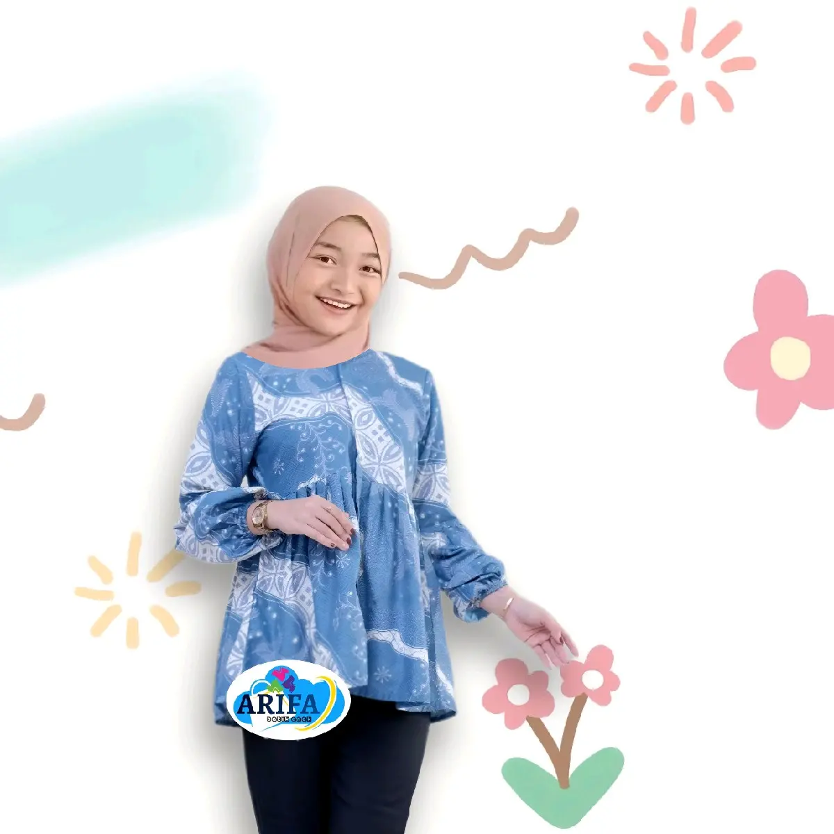 BLUSS ARIFA BATIK ANAK BABYBLUE LENGAN BALON USIA 1 SAMPAI 10 TAHUN Katun perempuan