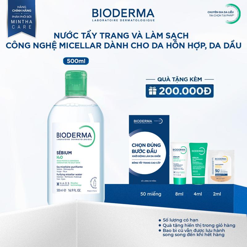 Dung dịch làm sạch và tẩy trang công nghệ Micellar dành cho da hỗn hợp, da dầu Bioderma Sebium H2O 500ml