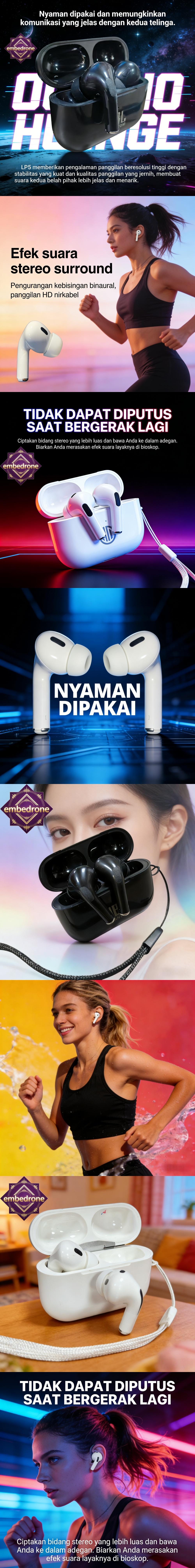 Koneksi Cepat dan Stabil, embedrone 2026 NEW PHANTOM TWS Earphone Bluetooth, Earpods Awet Android, Speaker 13mm, Peredam Bising Cerdas, IPX5
