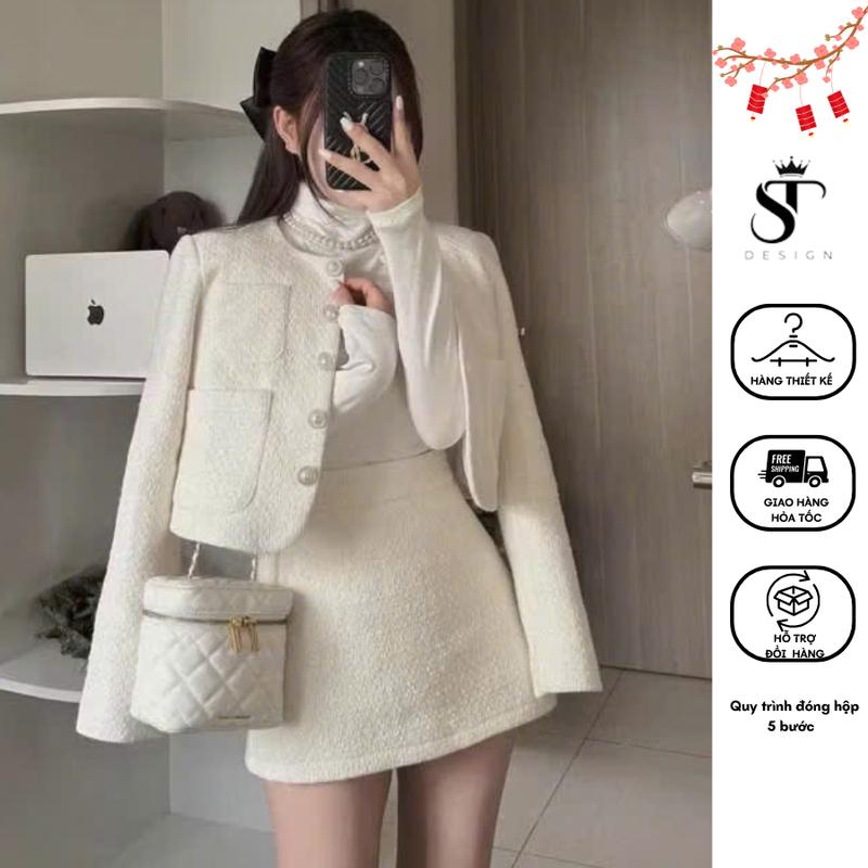  Set  dạ Tweed loại 1 QC  cúc ngọc đệm cầu vai mix chân váy nữa dáng A - ST Design - N99 đồ tết cho nữ đồ tết xinh 