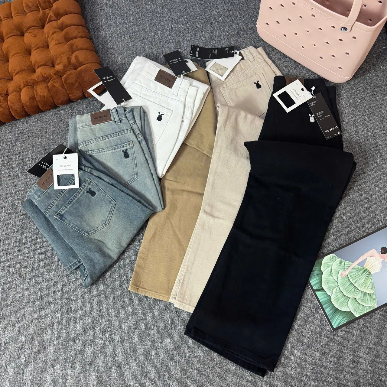 (ND Jean) Quần Jean Kaki Nữ Ống Suông Thêu Thỏ Lưng Cao - Dài 96-103CM -  5 Màu – Form Suông, Vải Không Giãn, Dễ Mặc | BigBuy360 - bigbuy360.vn