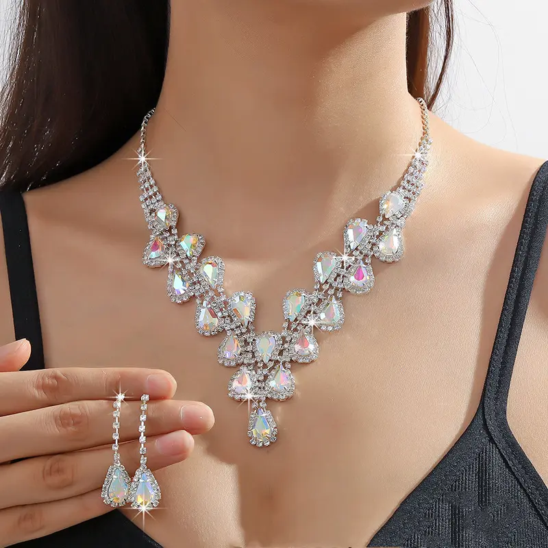 Bộ Bông Tai Vòng Cổ Pha Lê, Cô Dâu, Đồ Trang Sức Cưới Cô Dâu, Vòng Cổ Choker Kim Cương Giả, Bộ Trang Sức Trang Phục Dạ Hội, Dành Cho Phụ Nữ Và Trẻ Em Gái, Bộ 3 Món, Bao Gồm 2 Bông Tai Và 1 Vòng Cổ 3