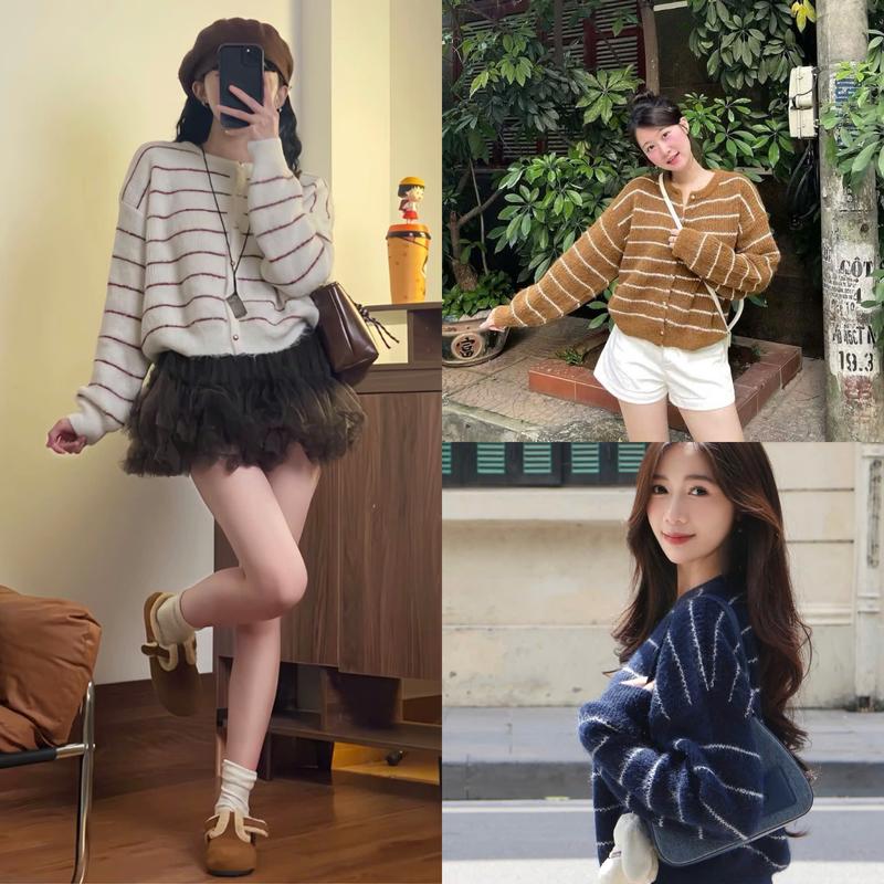   SALE MỞ BÁN  Áo khoác len nữ cardigan kẻ ngang lông dài mềm mịn SUMIISHOP mã AL300 