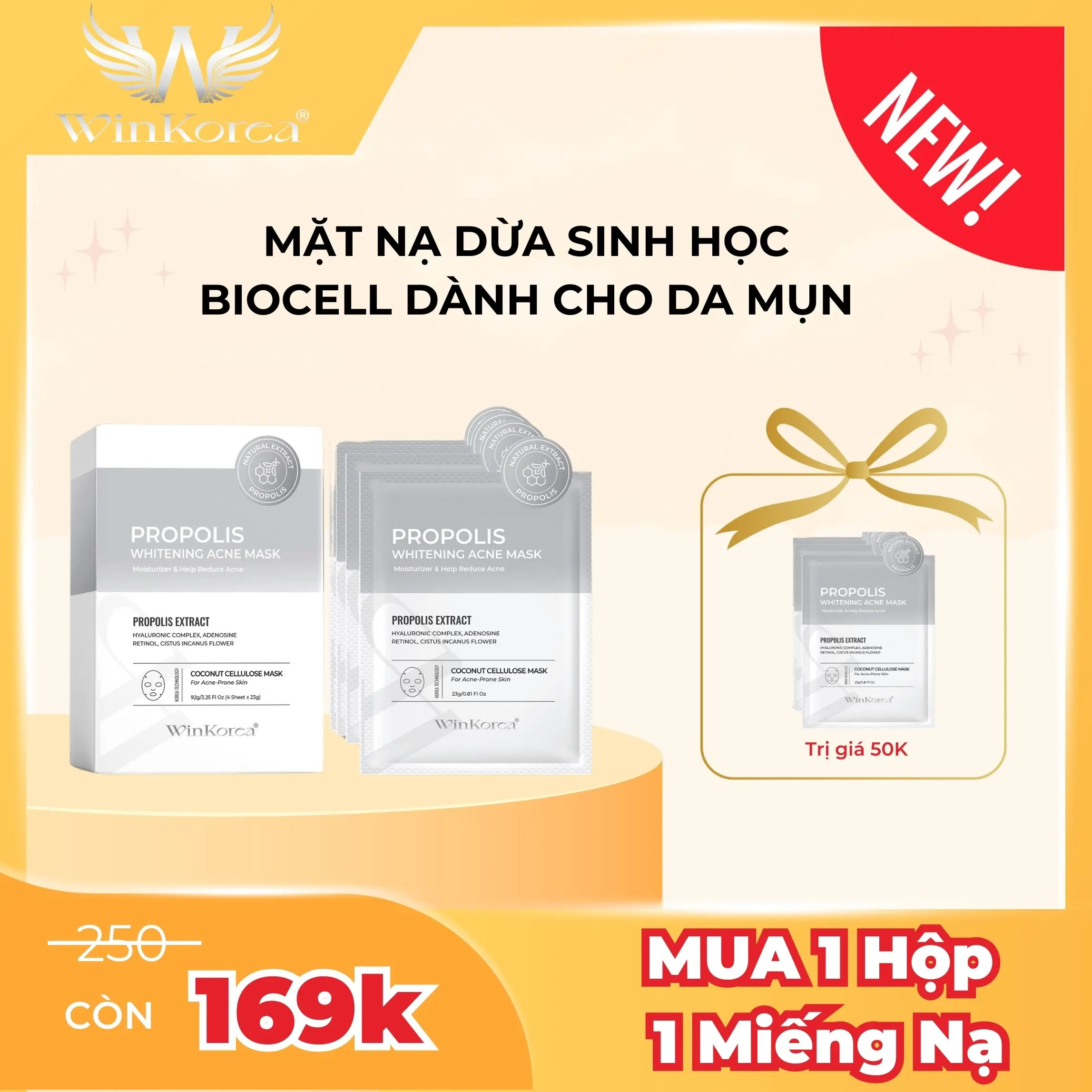 [Mua 1 Hộp Tặng 1 Miếng Nạ] Mặt Nạ Dừa Sinh Học Biocell WinKorea Làm Dịu Da Dầu Mụn, Cấp Ẩm và Dưỡng Ẩm Da, Cải Thiện Vết Thâm Mụn 1 Hộp 4 Miếng Skincare Mask Làm Đẹp Da Nữ