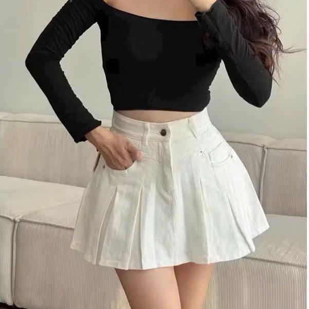  TIENSTYLE - Chân Váy Jean nữ Chân váy Ngắn Xếp Ly Lưng Cao Màu Xanh Trắng Kem Đen Cho Nữ Váy Bò Túi Nhọn Chân Váy A Dáng Ngắn Bigsize 