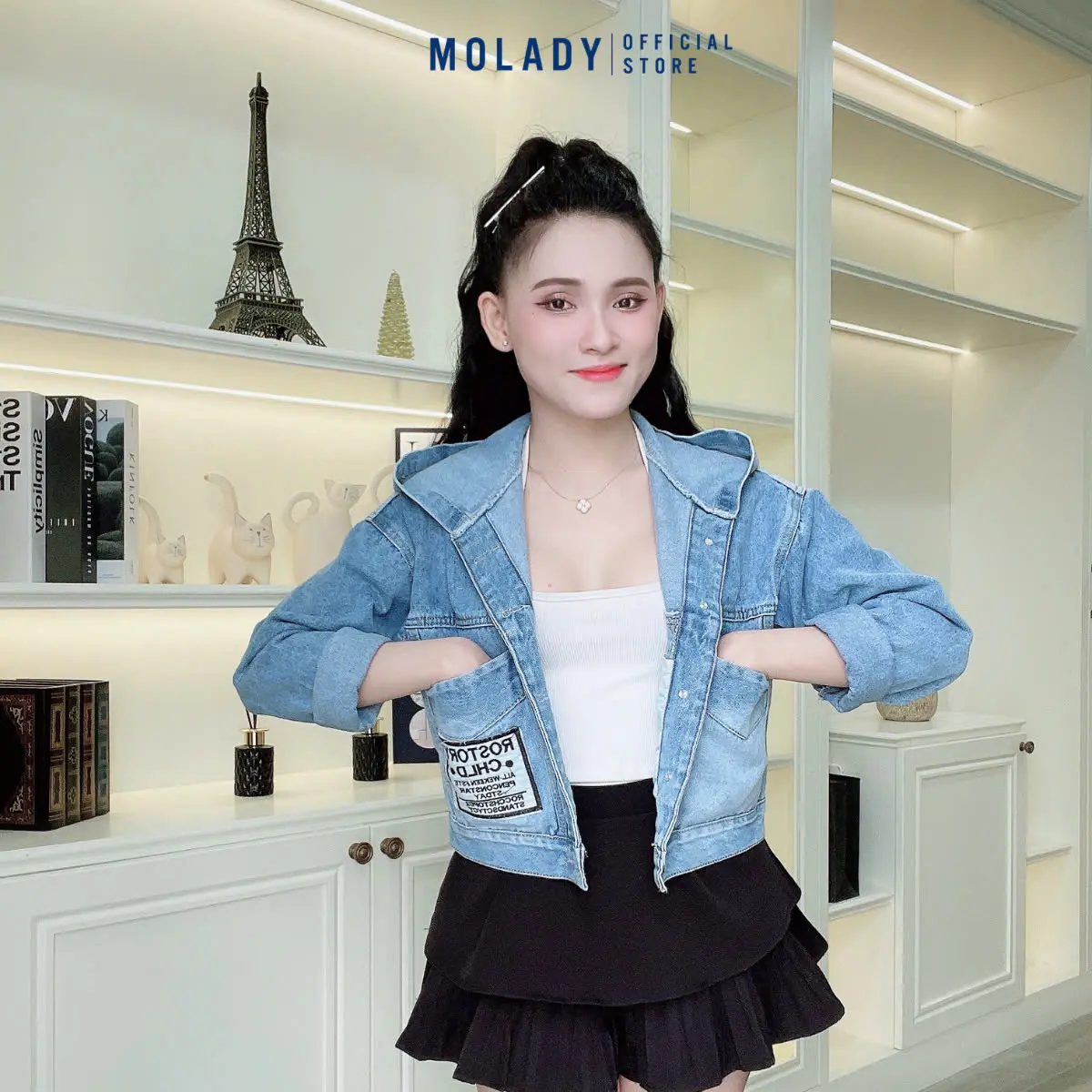 Áo Khoác Jean Thêu MOLADY K93 Thiết Kế Túi Ngang Nón To Chống Nắng Tốt Top Jacket Cotton