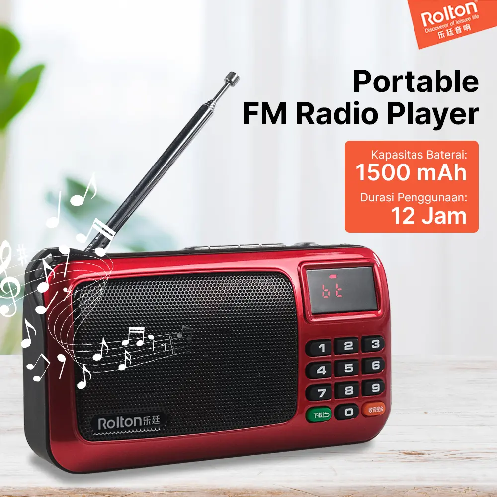 Rolton Radio FM Portabel: Ringkas, Tahan Lama, dan Multifungsi dengan Pemutar Kartu TF serta Senter LED