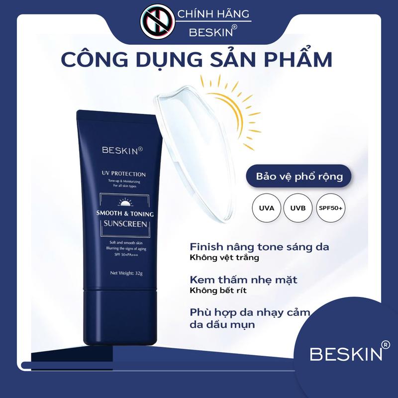 [BE-04] KEM CHỐNG NẮNG PHỔ RỘNG "SMOOTH & TONING SUNSCREEN" SPF 50+ PA+++ - Dung tích: 32g - Thương Hiệu: Beskin - Skincare Sun Cream Chăm Sóc Da Whitening nâng tone