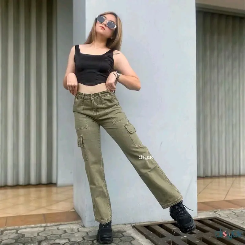 Highwaist Jeans Cargo Loose Hangover Celana Cargo Jeans Highwaist Terbaru Grey Panjang Korean regular kulot 5