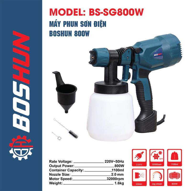 Máy phun sơn Điện Cầm Tay Boshun BS-SG800W Công suất 800W 3 kiểu phun Bình Chứa 1000ml