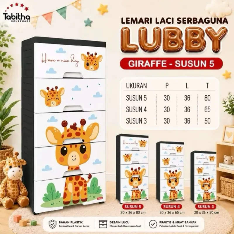 Tabitha Lemari Laci Lubby Susun 4 Praktis Luas dan Serbaguna Bahan Plastik Berwarna-warni Desain Lucu Motif Hewan Bear Giraffe dan Elephant Furniture