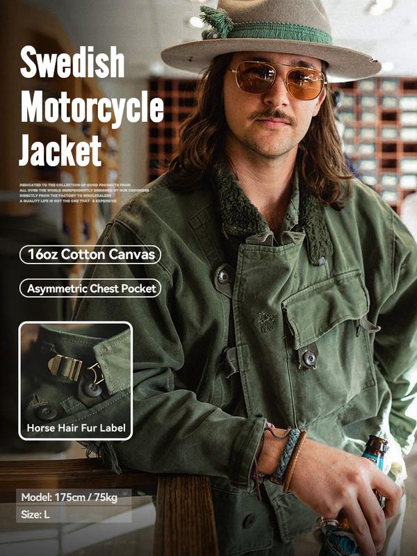 Áo Khoác Đi Xe Máy Thụy Điển Cổ Điển, MADEN, Áo Khoác Bomber Vải Bố Cotton 16oz, Khóa Đeo Chéo, Trang Phục Phong Cách Amekaji Nam, Không Đứng Đèn