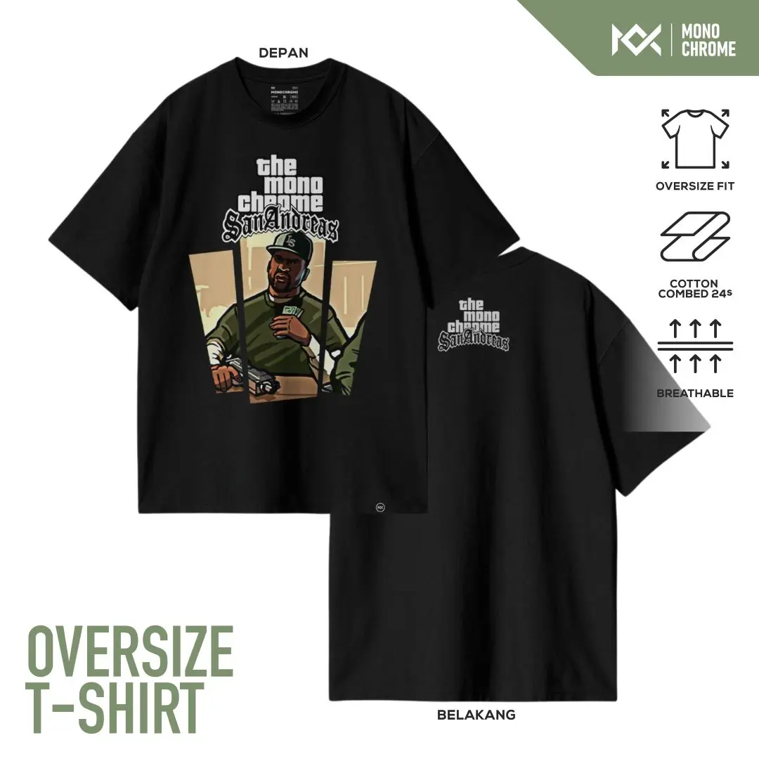 T-shirt | Oversize | Monochrome | San Andreas | Tees | Black Kaos Pria Distro Hitam Combed boxy  oversize