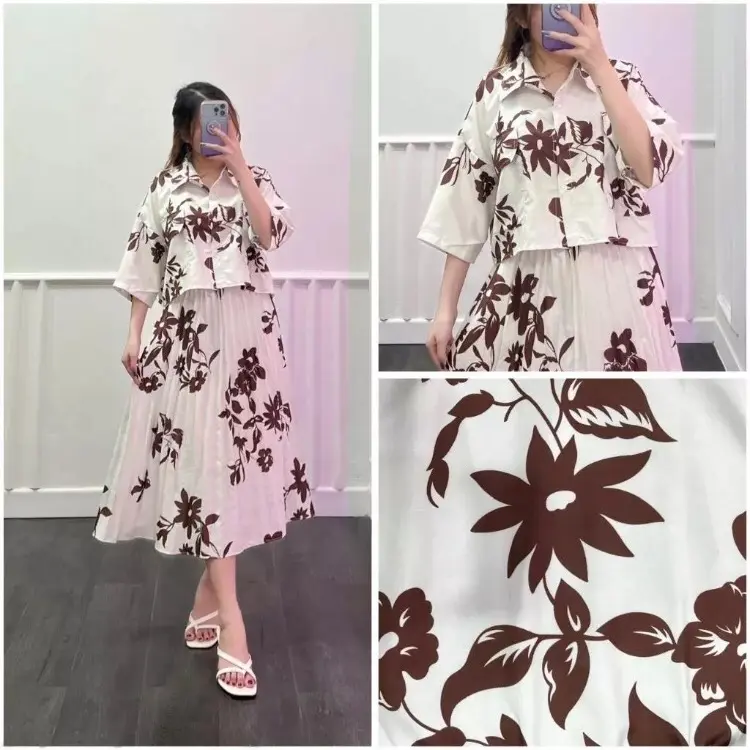 One Set Fuji / One Set Clara Kemeja Crop & Rok Midi Plisket Atasan Bawahan Motif Wanita 3