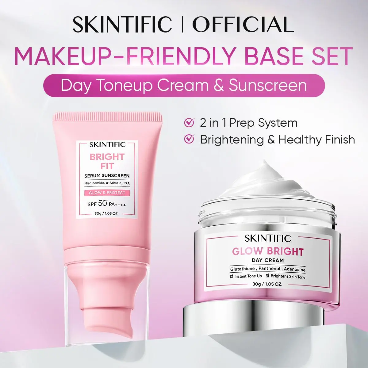 NEW] SKINTIFIC-2PCS Glow Bright Day Cream+Sunscreen - Instant Tone-Up Brightening & Smooth Skin with Glutathione 2-in-1 Brightening & Sun Defense Set