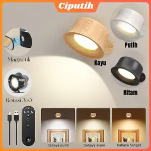 Ready stock/ Lampu Hias Dinding Minimalis Hitam Kayu Putih Rotasi 360° Magnetik Putar Lampu Dekorasi Rumah Wall lamp Hias Ruang Tamu Sconces USB Dapat Diisi Ulang Pengendalian Sentuh