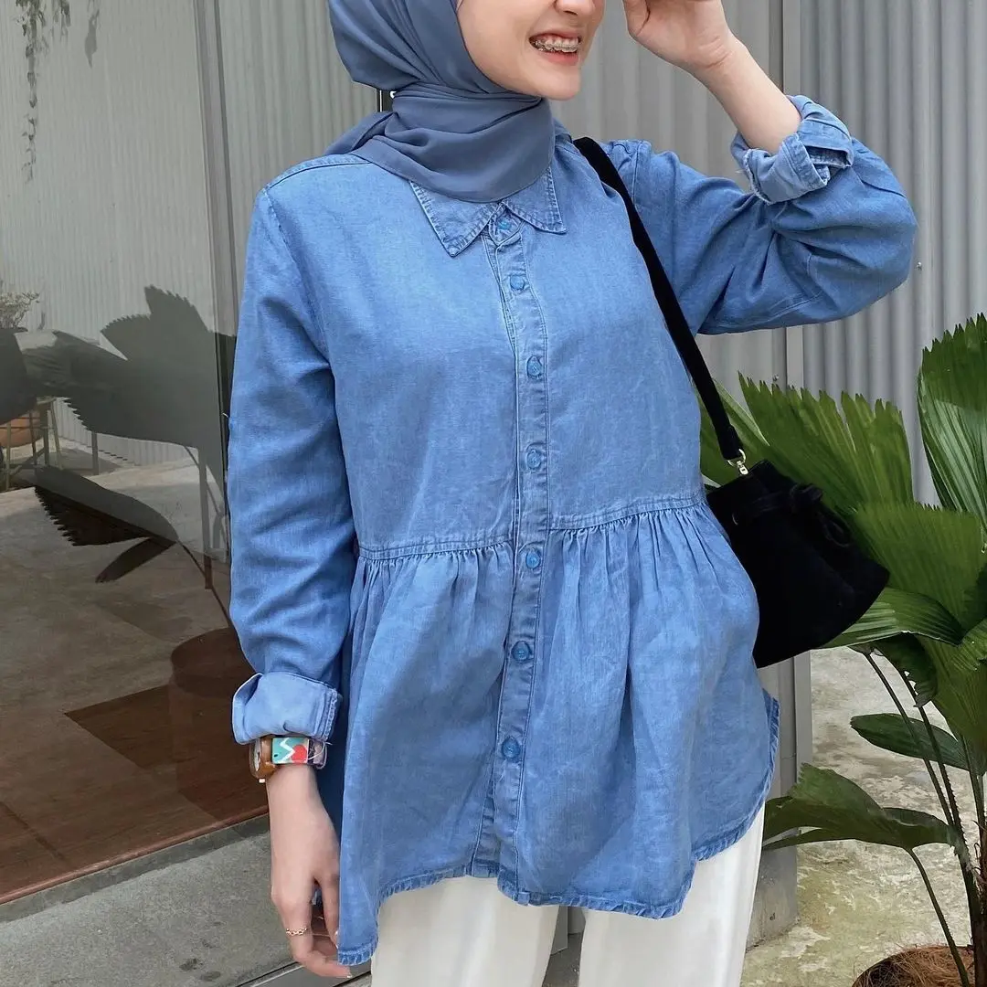 Anyostore Atasan Kemeja Wanita Bahan Denim Jeans ALL Varian