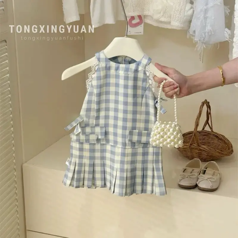 Váy kẻ xanh bé gái sz 100-130 hàng chất siêu mát