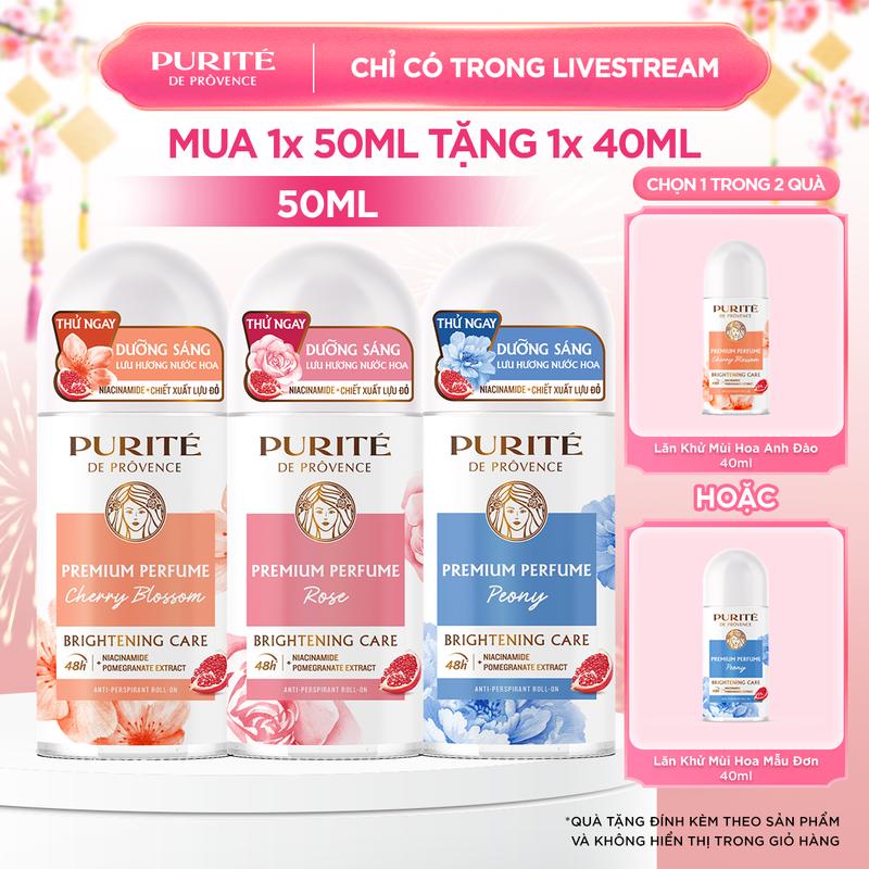  Lăn Khử Mùi Dưỡng Sáng Hương Nước Hoa Cao Cấp Purité Hương Hoa Anh Đào   Hương Hoa Hồng   Hương Hoa Mẫu Đơn 50ML + Tặng Lăn Khử Mùi Dưỡng Sáng Hương Nước Hoa Cao Cấp Purité 40ML 