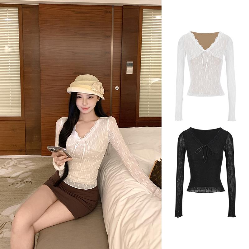 Áo Ren Nữ Hoàng Moses Cổ Chữ V Dài Tay Dành Cho Nữ Trang Phục Mùa Thu Ôm Sát Và Mỏng Áo Lớp Nền Áo Phông Thoải Mái Và Thời Trang 63194 