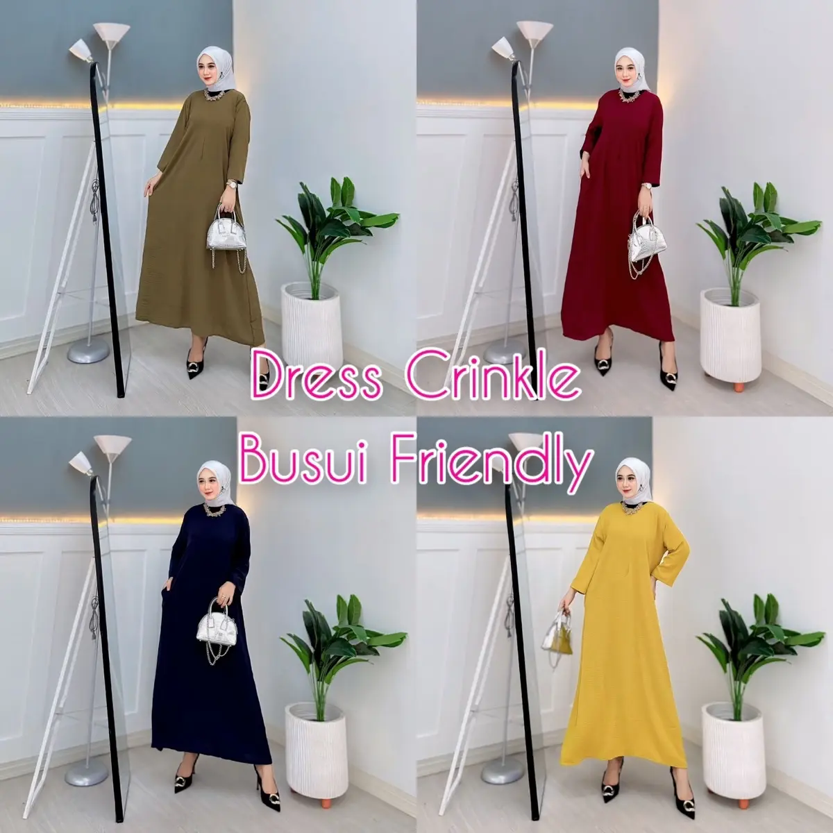￼Dress Daster Gamis Crinkle Polos Panjang Lengan 3/4 Busui Jumbo LD 120 Airflow Kain Lembut Muslim Nyaman