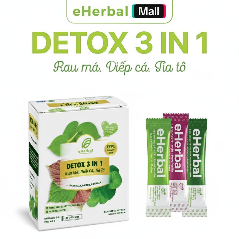 Detox 3 in 1 Rau Má Diếp Cá Tía Tô eHerbal Nguyên Chất Không Chất Bảo Quản (1 Hộp 21 Gói x 2g)