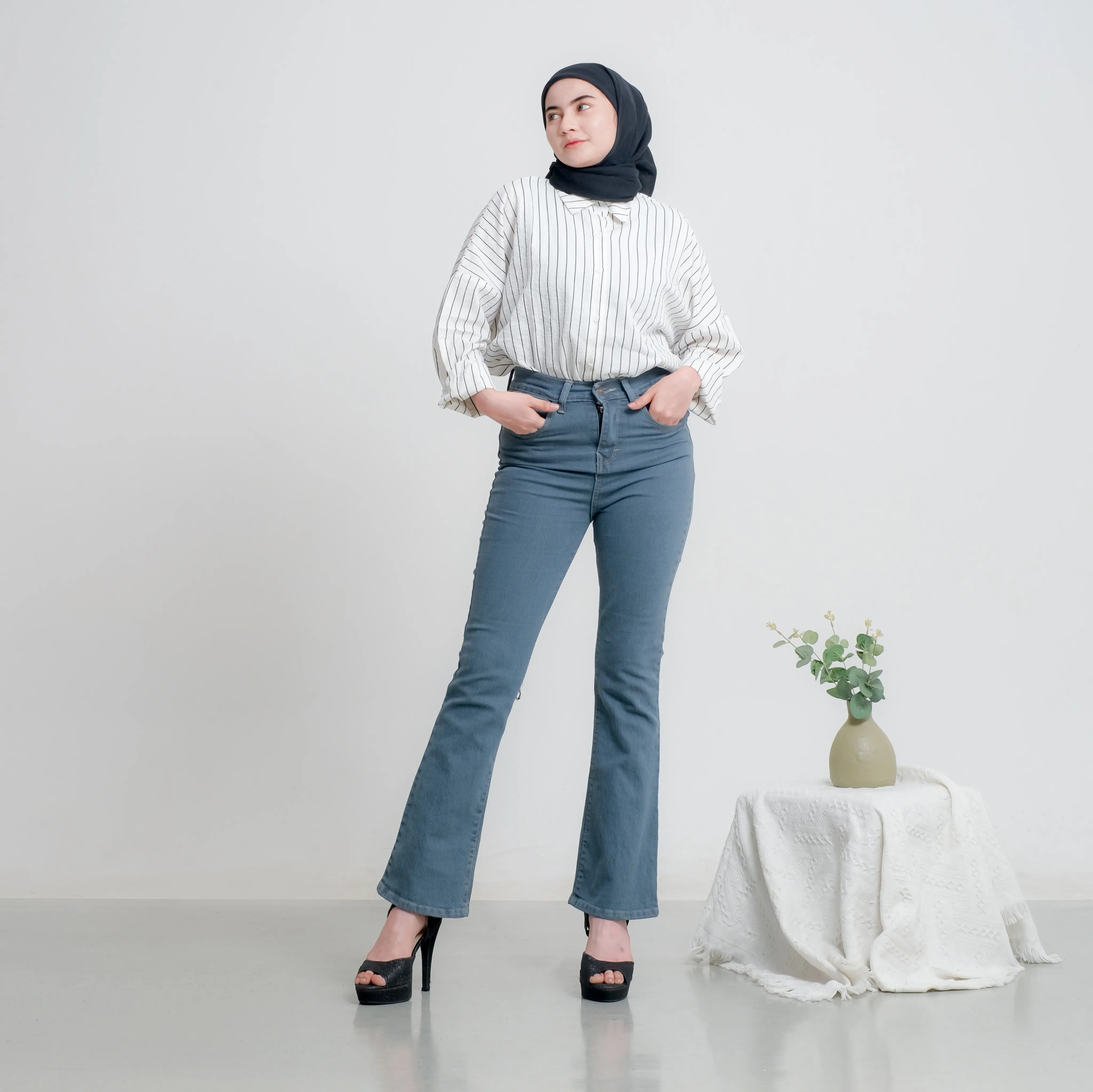 Highwaist Celana Jeans Cutbray wanita Denim Panjang Premium Melar Stretch Size Lengkap