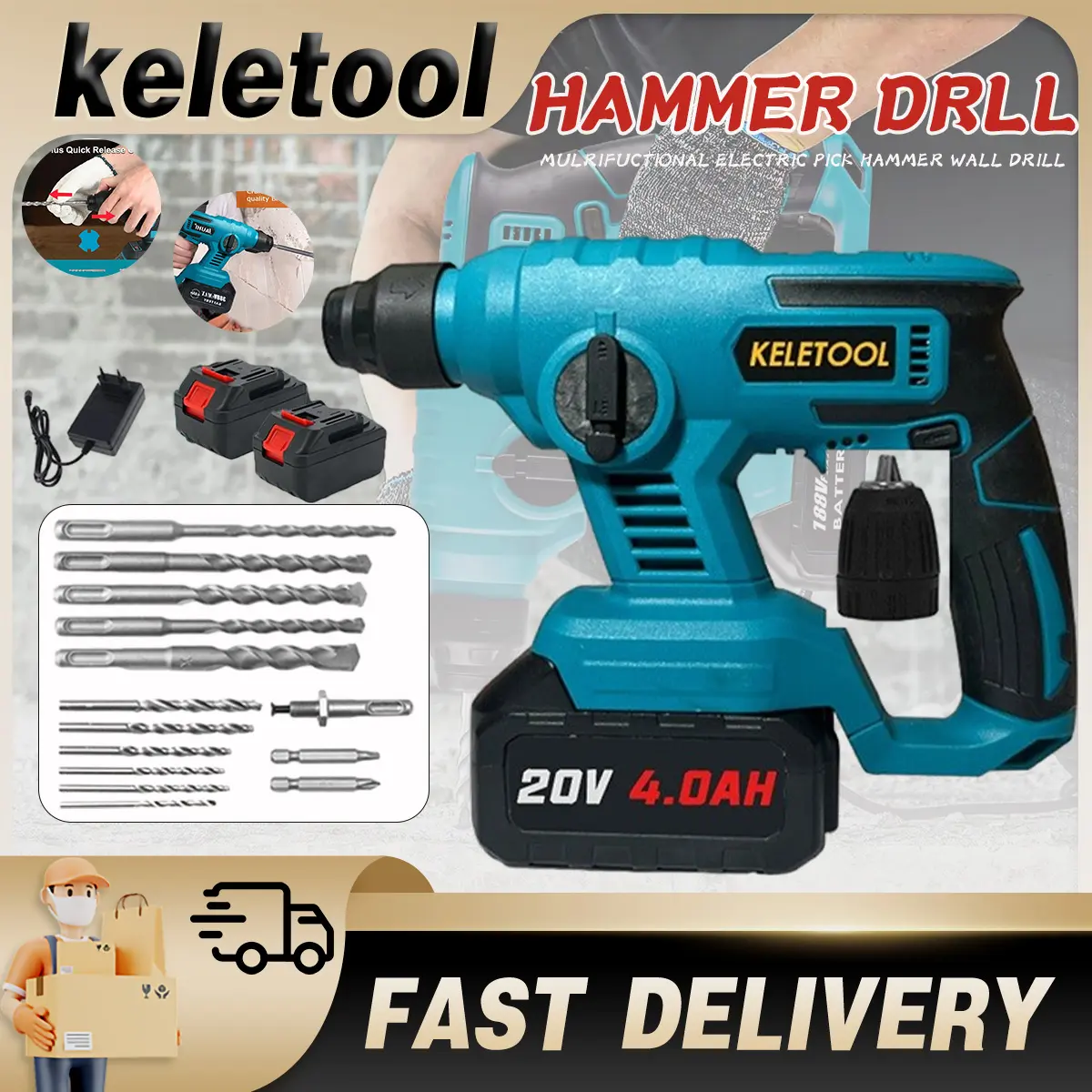 Electric Rotary Hammer Drill Power Tool Cordless Impact Multifunction Brushless LED Battery Rechargeable Drill