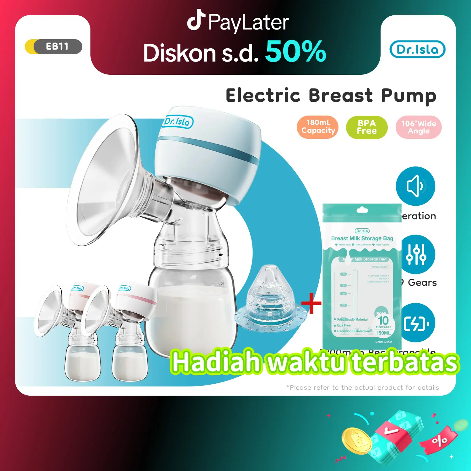 【Kantong ASI gratis】Dr.isla EB11 Pompa ASI Elektrik Tanpa Kabel Desain Sisi Tunggal Ideal untuk Bayi Baru Lahir Hisap Kuat Dapat Diisi Ulang Sepenuhnya Otomatis Portabel Bebas BPA Nyaman Digunakan Tanpa Rasa Sakit Ibu