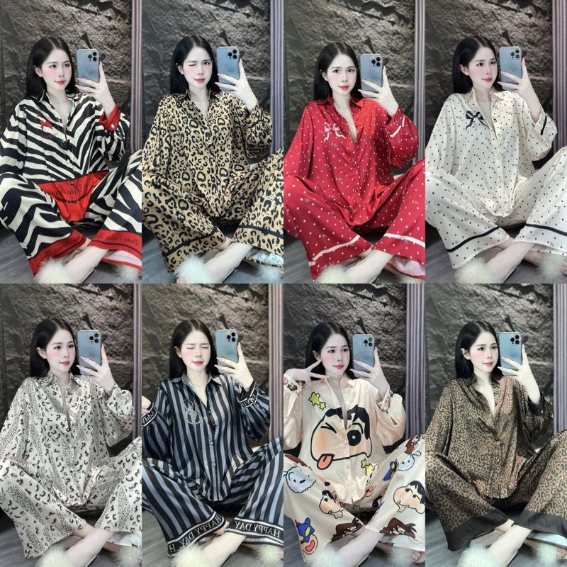  SET SƠMI 2CE TAY DƠI LAI BẦU LỤA LATIN  PIJAMA NỮ MẶC NHÀ ĐỒ BỘ 2CE  CÓ DÀI VÀ ĐÙI - Kem Women Quần Ngủ Áo Tim  Nhung Voi đồ bộ 