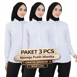 PAKET HEMAT 3 PCS Kemeja Putih Wanita Kerja Lengan Panjang Baju Ospek Kantor Basic Formal Casual Katun Premium