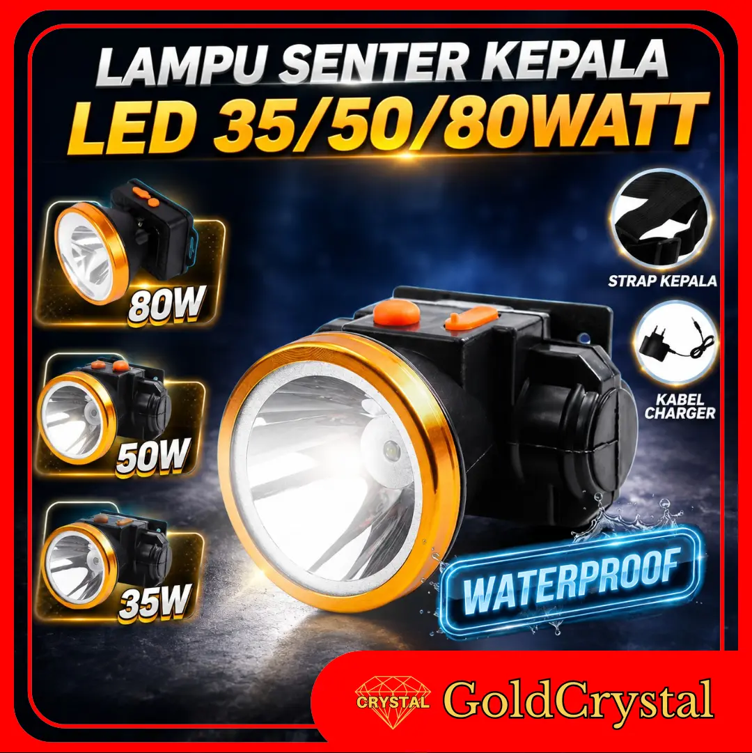 SIVITECH Lampu Senter Kepala LED 35/50/80Watt Headlamp Battery Lithium Waterproof Kuning Putih Cahaya Terang 2 Step Charger Kotak Bohlam - Baterai Merah Set