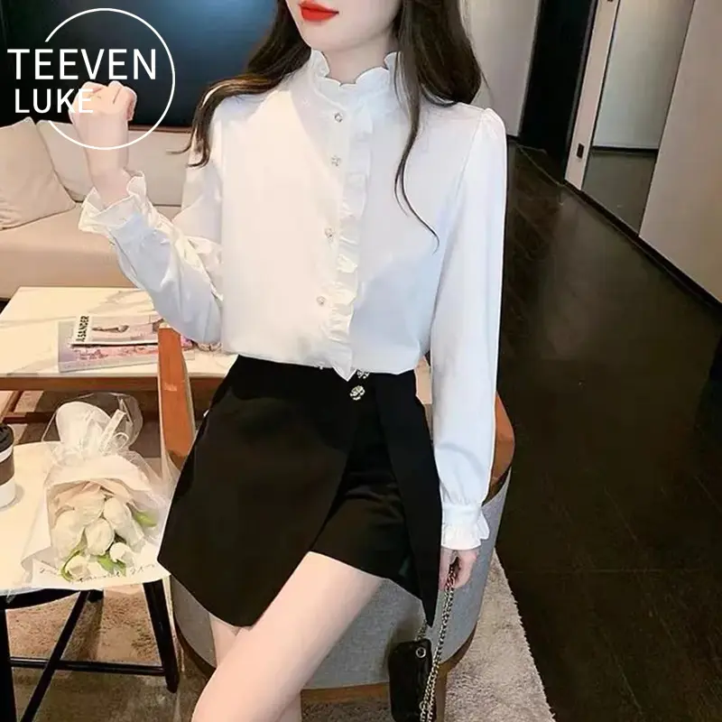 Áo Cánh Cổ Xếp Ly Lấy Cảm Hứng Từ Hoàng Gia, Phong Cách Sang Trọng Kiểu Pháp, Áo Nữ Độc Đáo Hàng Mới Về Mùa Xuân / Mùa Thu, Áo Sơ Mi Xếp Lớp 4