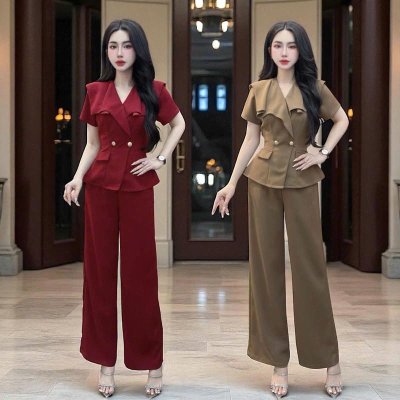 ( Quần dài 102cm ) Set quần áo CRAZYTEEN S6333 gồm áo kiểu peplum và quần suông để đi chơi ( Áo tay ngắn/ Quần suông ) Set đồ nữ sang chảnh