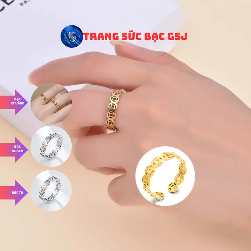 Nhẫn Bạc 925 Xi Kim 3 Lớp Cho Nữ Free Size Hoa Văn Kim Tiền Trơn May Mắn  - GSJ - R1504001