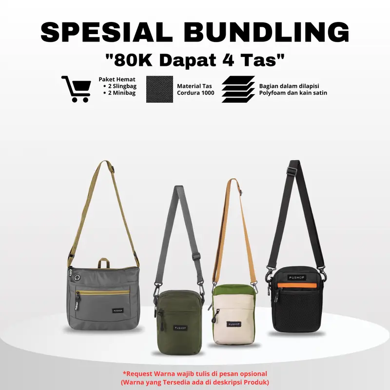 PUSHOP PAKET BUNDLING HEMAT PSHP80K-01 - Paket Tas Selempang Pria Wanita 80k Dapat 4pcs Tas Slingbag Canvas dan Mini Sling bag Casual Polos Cowok Cewek 0