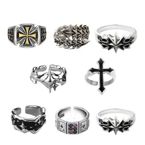 Cincin Titanium Wanita Retro Salib Cincin Pria Silang Hip Hop Gaya Hitam Fashion Couple Aksesoris