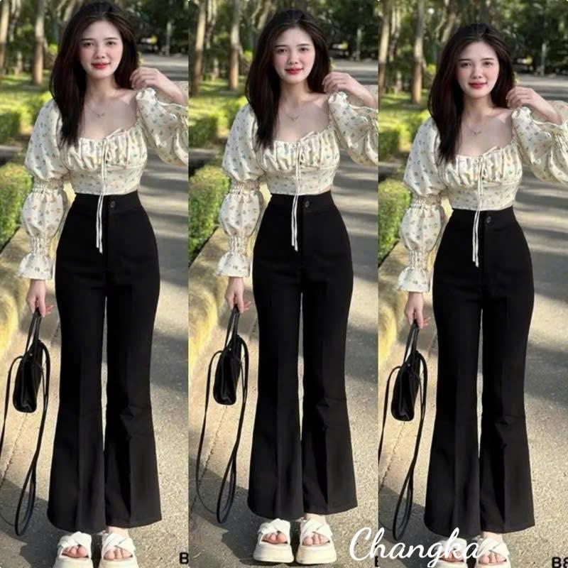 Quần Tây Đen Ống Loe Lưng Cao 1 Cúc Công Sở Đi Học Làm Dài 95CM Hack Dáng Quần Ống Loe Cạp Cao Ống Rộng Dài Vải Tuyết Mưa Dày