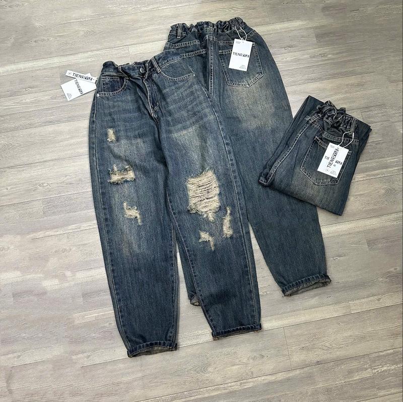  TIENSTYLE - Quần Jean Baggy Nữ Lưng Thun Cào Gối Bigsize Vải Denim Mềm QC cotton Không giãn 94-95CM Quần Dài Nữ Bigsize Chất Liệu Mềm Mịn Dày Dặn Kích Thước S M L XL 2XL 3XL 4XL 5XL 