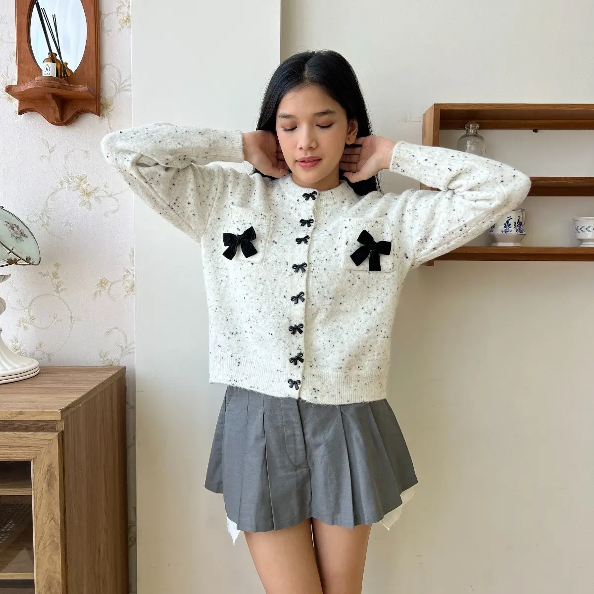 Marie Bow Knit Cardigan - Bling It On - Atasan Top Cardigan Pita Oreo Rajut Coquette - Classic Bow Collection Panjang Knitwear Wanita Outer Baju Kardigan