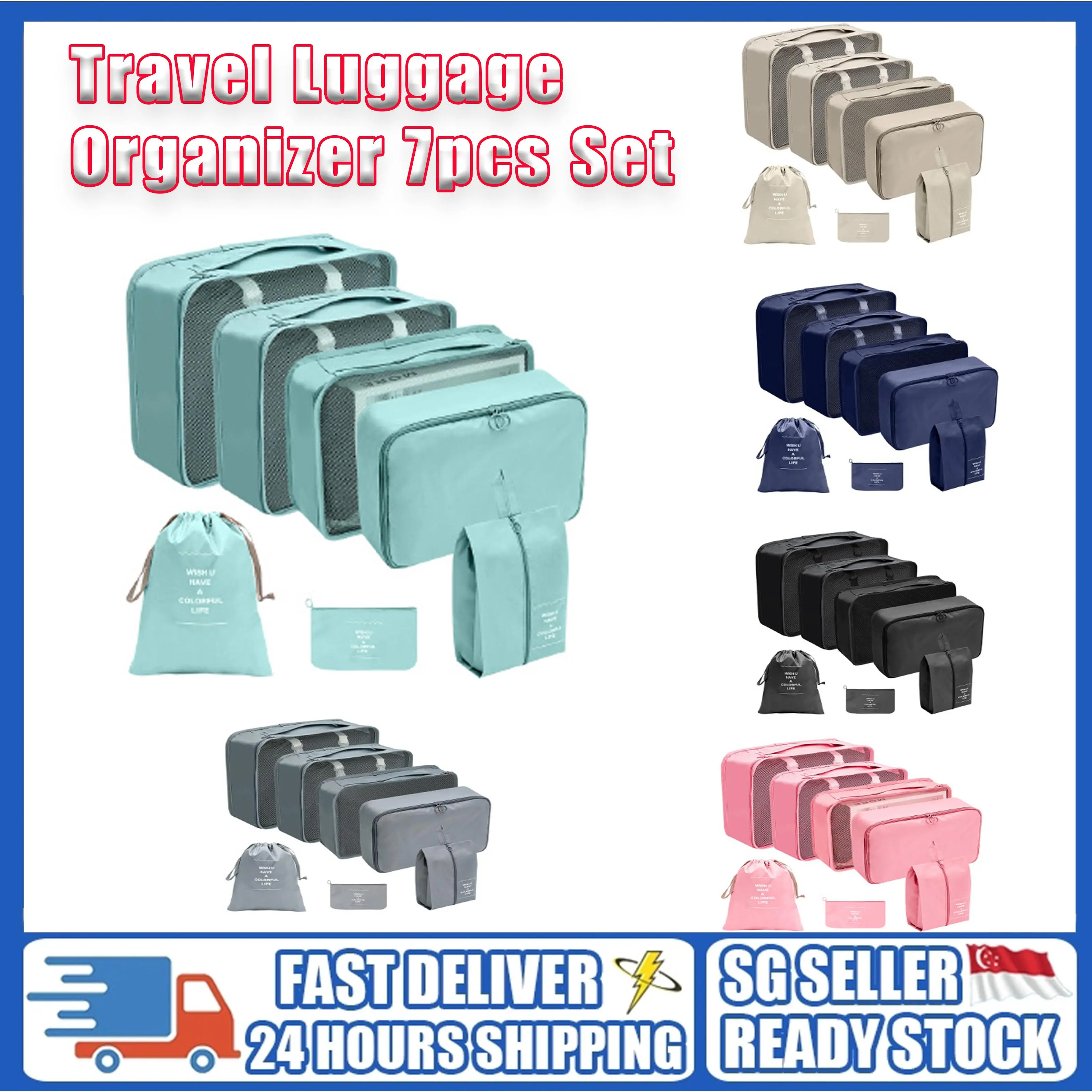 🚚SG Seller🚚7pcs Compression Travel Packing Cube Set Travel Organizer Bag Travel Bag Duffel Bag Storage Bag Travel,7 piece travel luggage set  Organizer Clothes Luggage Packaging Cube Clothes Classification Packaging Organizing Box