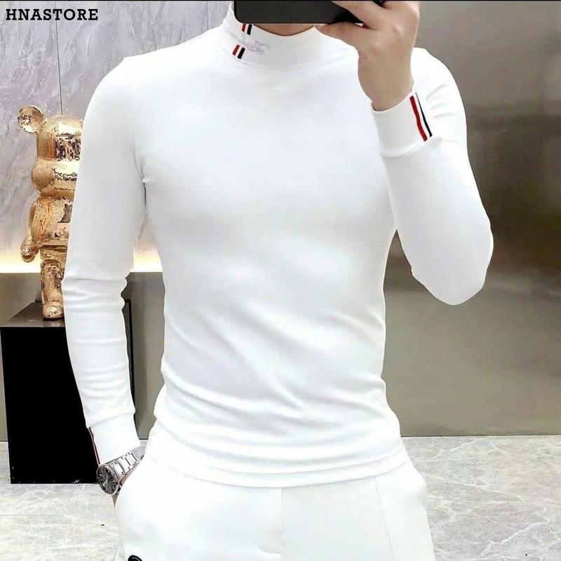 (ĐỘC QUYỀN ĐẠT TÍCH CỰC) [SIÊU PHẨM 2025] Áo thun dài tay thu đông ĐEN - TRẮNG hoạ tiết THÊU CỔ SẮC NÉT cổ cao 3 phân đơn giản sang trọng lịch lãm HNASTORE MENSWEAR