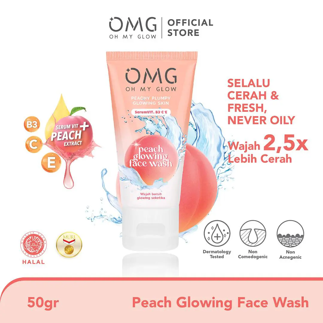 OMG OH MY GLOW Peach Glowing Face Wash 50 g dengan Serum Vitamin B3+C+E